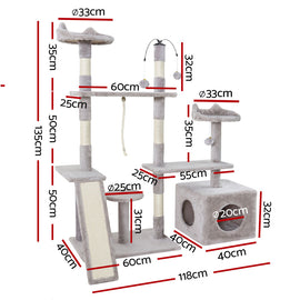i.Pet Cat Tree 135cm Tower Scratching Post Scratcher Wood Condo House Toys Grey - 0