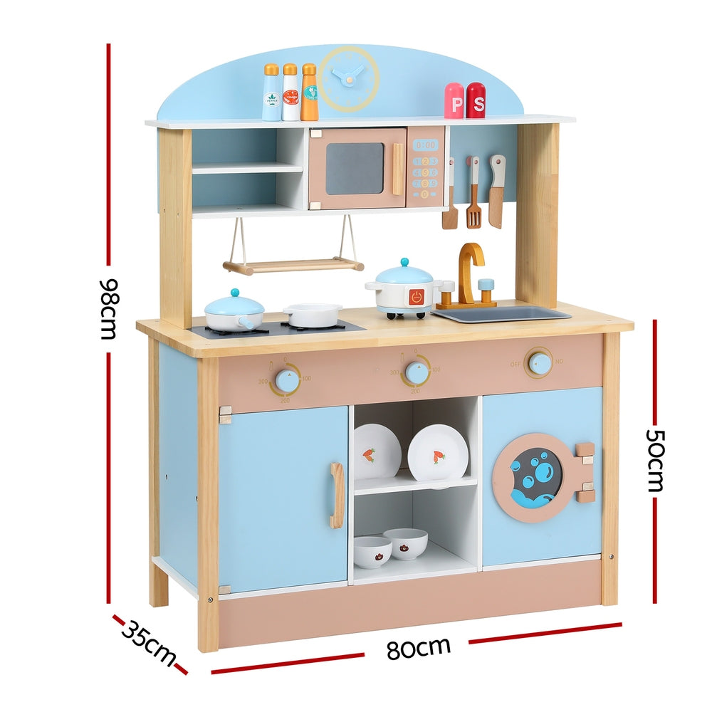 Keezi Kids Wooden Pretend Kitchen Play Sets Cooking Toys Pot Pan Bowls Oven Dishwasher 80CM Blue - 0