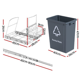 Cefito Pull Out Bin Kitchen Cabinet Slide Garbage Rubbish Bins Basket 40L Grey - 0