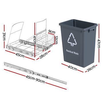 Cefito Pull Out Bin Kitchen Cabinet Slide Garbage Rubbish Bins Basket 40L Grey - 0