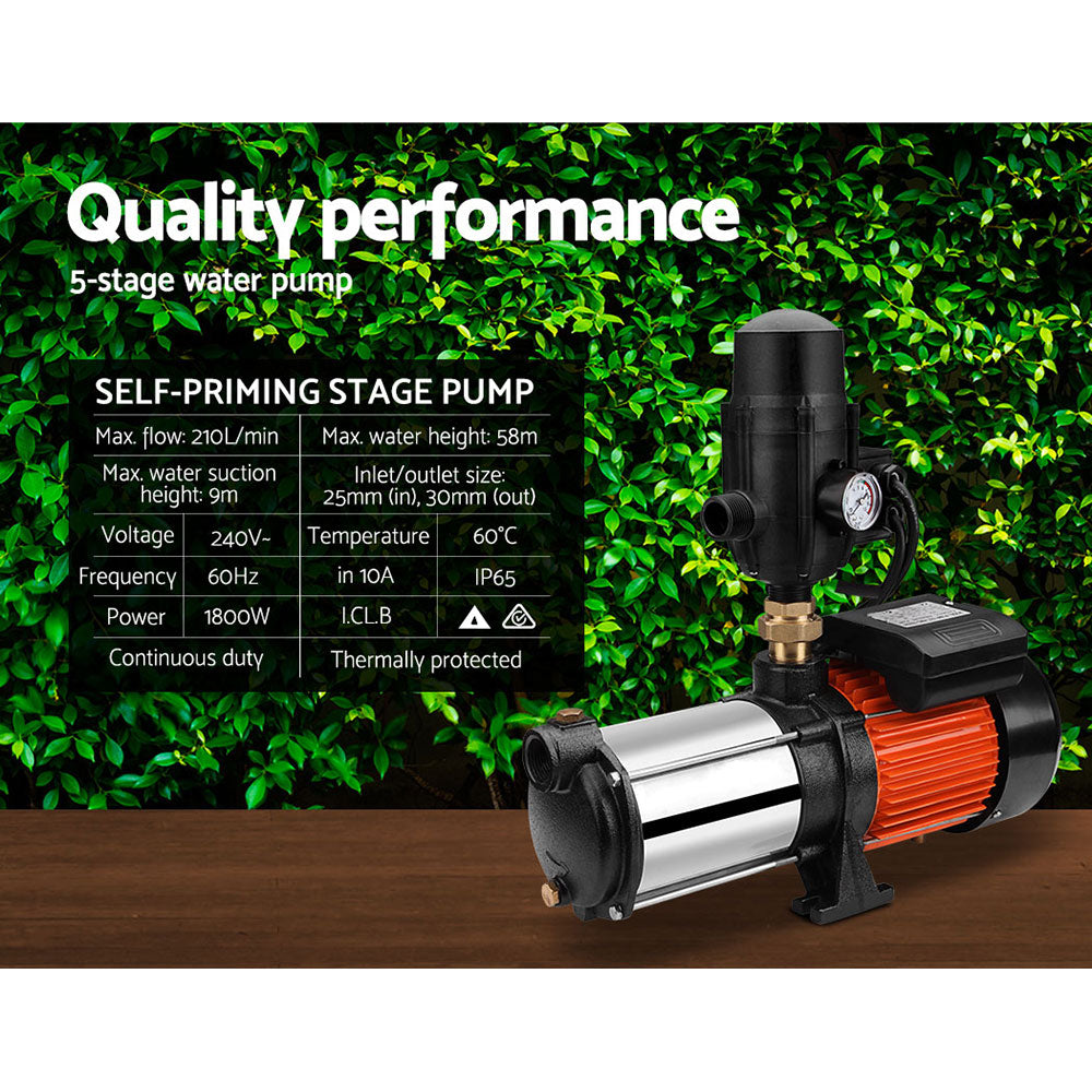 Giantz Garden Water Pump High Pressure 1800W 5-Stage Tank Irrigation Black