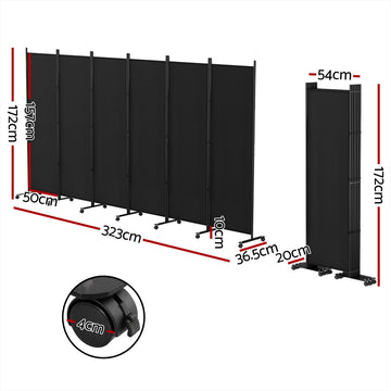 Artiss 6 Panel Room Divider Screen 323cm Wheel Fabric Black - 0
