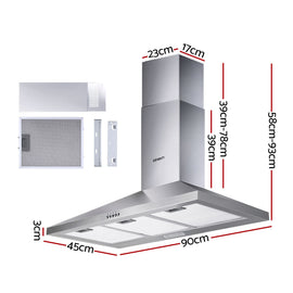 Devanti 900mm Range Hood 90cm Rangehood Stainless Steel - 0