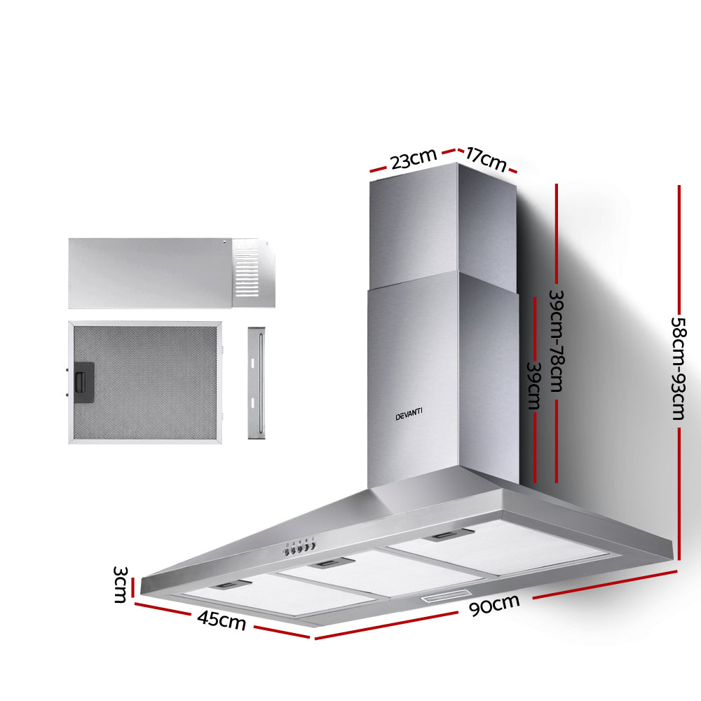 Devanti 900mm Range Hood 90cm Rangehood Stainless Steel - 0