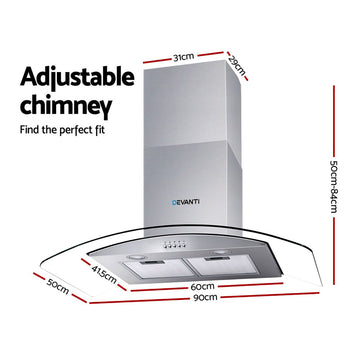 Devanti 900mm Range Hood 90cm Rangehood Glass Canopy - 0