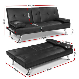 Artiss Sofa Bed 168CM Black PU Leather - 0