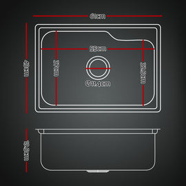 Cefito Kitchen Sink 61X43CM Stainless Steel Basin Single Bowl Silver Drain Basket - 0