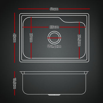 Cefito Kitchen Sink 61X43CM Stainless Steel Basin Single Bowl Silver Drain Basket - 0