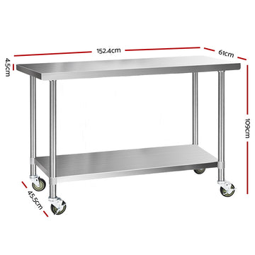Cefito 304 Stainless Steel Kitchen Benches Work Bench Food Prep Table with Wheels 1524MM x 610MM - 0