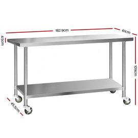Cefito 304 Stainless Steel Kitchen Benches Work Bench Food Prep Table with Wheels 1829MM x 610MM - 0