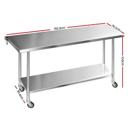 Cefito 1829 x 762mm Commercial Stainless Steel Kitchen Bench with 4pcs Castor Wheels - 0