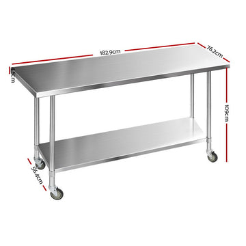 Cefito 1829 x 762mm Commercial Stainless Steel Kitchen Bench with 4pcs Castor Wheels - 0