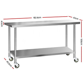 Cefito 430 Stainless Steel Kitchen Benches Work Bench Food Prep Table with Wheels 1829MM x 610MM - 0