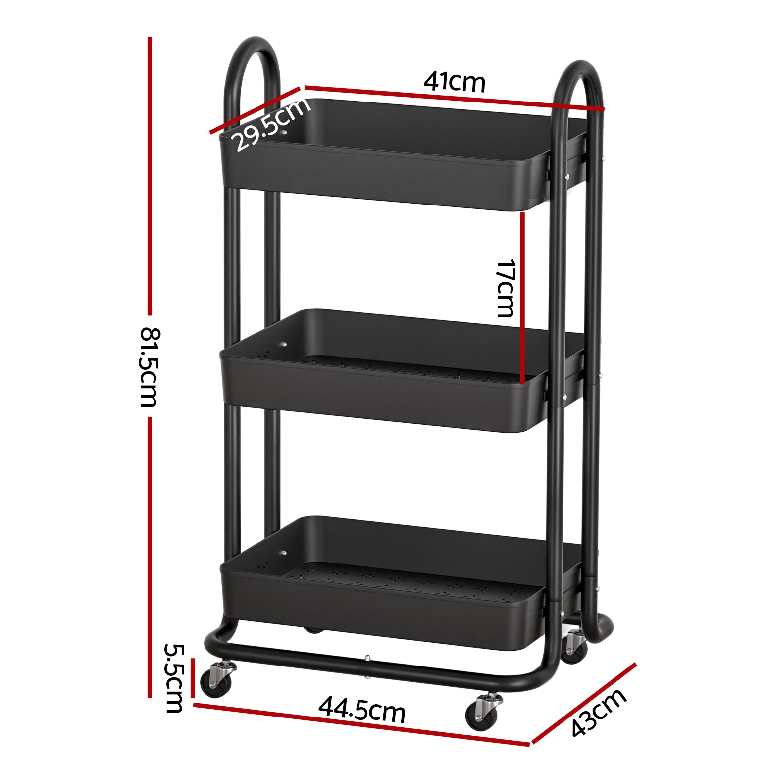 Artiss Storage Trolley Kitchen Cart 3 Tiers Rack Shelf Organiser Wheels Black - 0