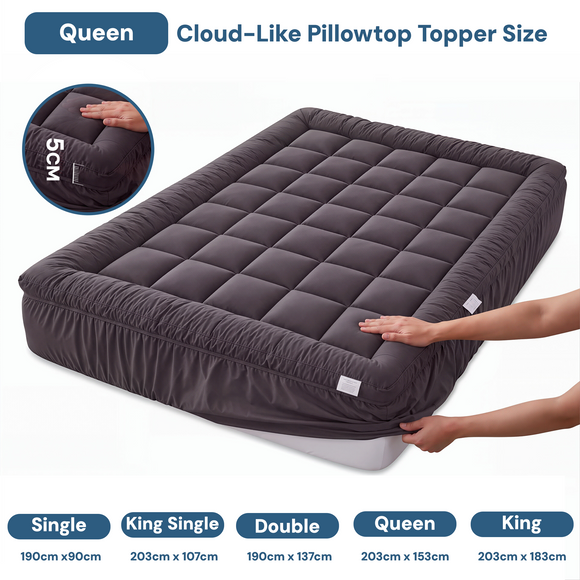 Giselle Bedding Bamboo Charcoal Filling Pillowtop Topper 1000GSM 5cm Thick Pillowtop Pad for Back Pain Relief Washable with 45cm Deep Pocket Queen