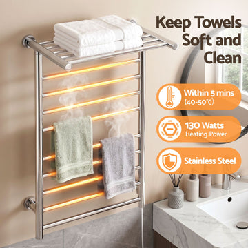 Devanti Electric Heated Towel Rail Rack 14 Bars Wall Mounted Clothes Dry Warmer - 0