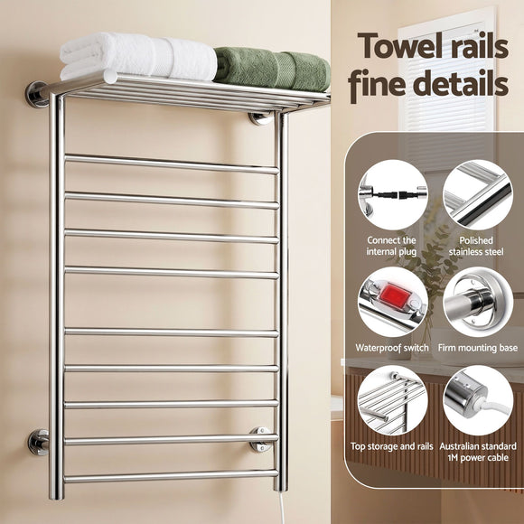 Devanti Electric Heated Towel Rail Rack 14 Bars Wall Mounted Clothes Dry Warmer