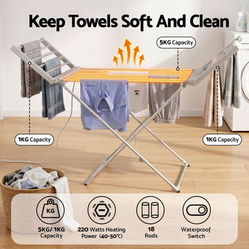 Devanti Electric Heated Towel Rail Rack 18 Bars Freestanding Clothes Dry Warmer - 0