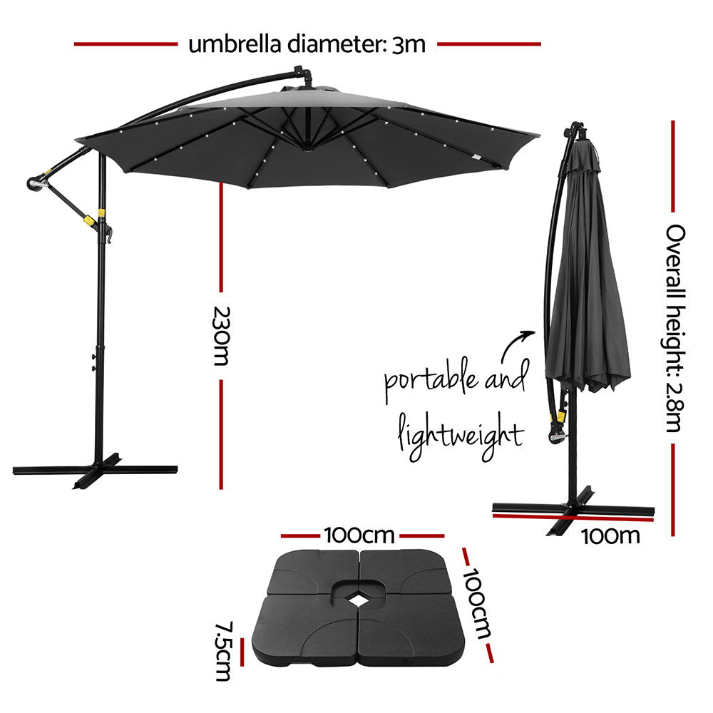 Instahut Outdoor Umbrella 3M Cantilever Beach LED Base Garden Sun Patio Charcoal - 0