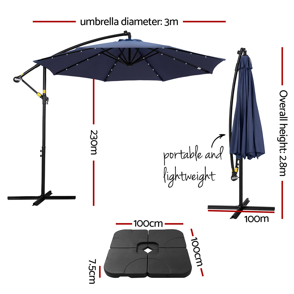 Instahut Outdoor Umbrella 3M Cantilever Beach LED w/Base Garden Shade Patio Navy - 0