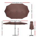 Instahut Outdoor Umbrella 4.57m Solar 48 LED Double-Sided Patio Parasol Brown-2