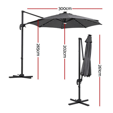 Instahut Outdoor Umbrella 3m Solar LED Offset Cantilever Patio Parasol Charcoal - 0