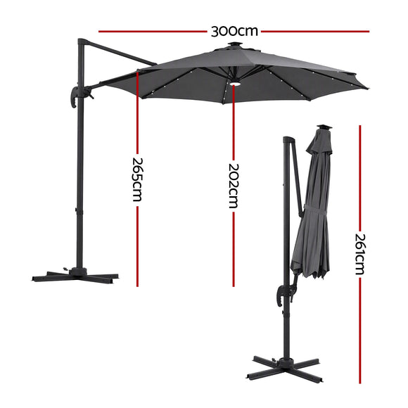 Instahut Outdoor Umbrella 3m Solar LED Offset Cantilever Patio Parasol Charcoal
