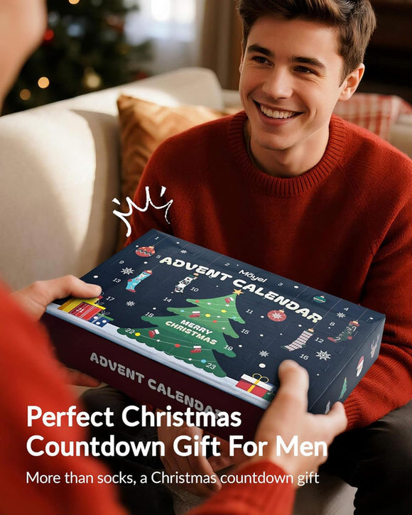 Advent Calendar 2025 Adult Men 24 Days of Christmas Cotton Socks US 7-13 Fun Christmas Sock Advent Calendar for Men Funny Gifts for Dad Boyfriend Husband Brother Random Socks Gift Box