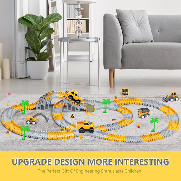 343 track-building sets, track-course - STEM learning toys, construction vehicles (concrete mixers, dump trucks), Track-birthday/Christmas gifts for boys - Developing motor skills and creativity - Compatible with the major