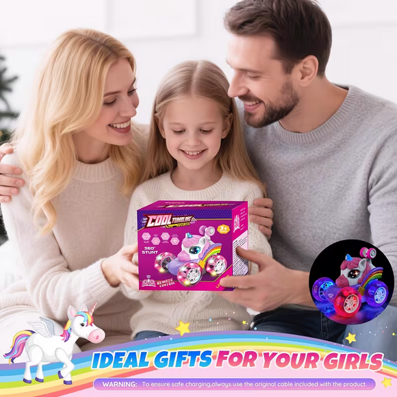 Unicorn remote control car for girls, 360° rotating four-wheel drive stunt remote control car with cute lights, rechargeable toy - children's birthday gift