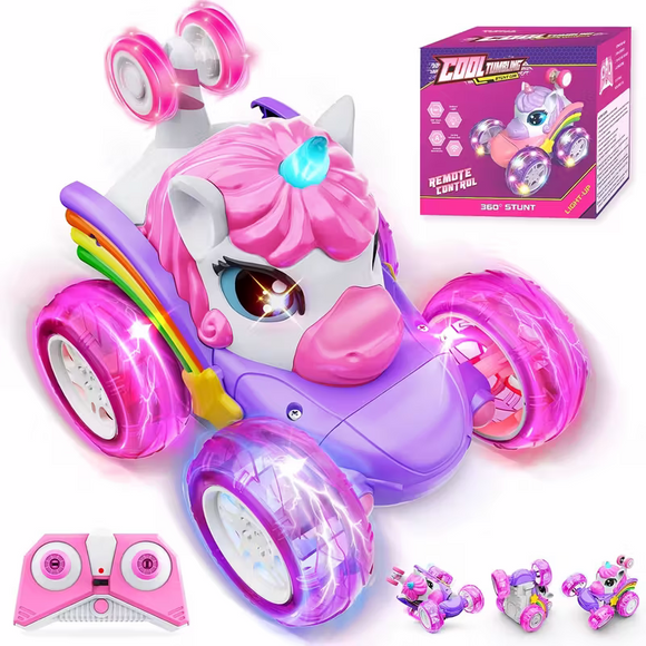 Unicorn remote control car for girls, 360° rotating four-wheel drive stunt remote control car with cute lights, rechargeable toy - children's birthday gift