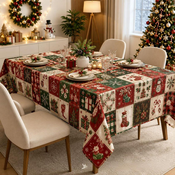 Christmas Patchwork Snowman Rectangle Table Cloth Polyester holiday Xmas Winter tablecloth Machine Washable Table Cover Stain Wrinkle Resistant Dining Party Kitchen Decor - A - Size 90x140cm
