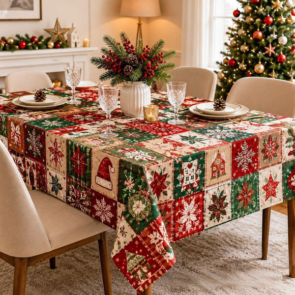 Christmas Patchwork Snowman Rectangle Table Cloth Polyester holiday Xmas Winter tablecloth Machine Washable Table Cover Stain Wrinkle Resistant Dining Party Kitchen Decor - D - Size 90x140cm