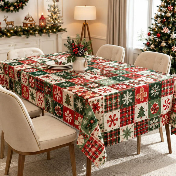 Christmas Patchwork Snowman Rectangle Table Cloth Polyester holiday Xmas Winter tablecloth Machine Washable Table Cover Stain Wrinkle Resistant Dining Party Kitchen Decor - F - Size 90x140cm
