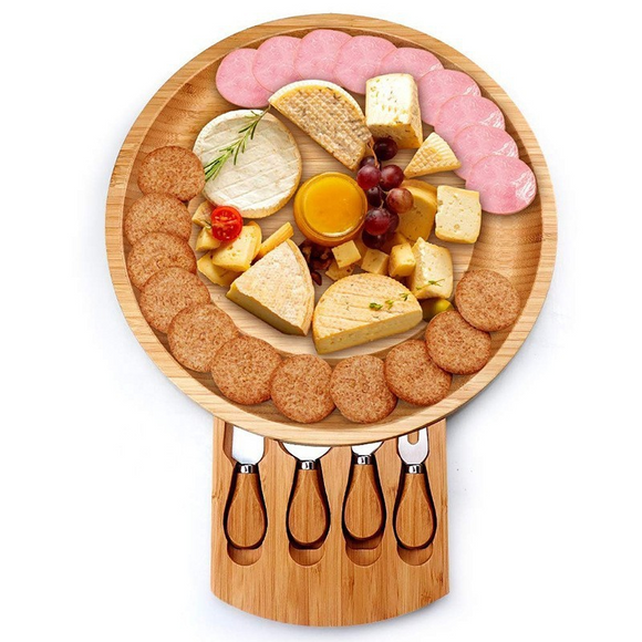 Bamboo Cheese Board Set with Knives & Slate, 10-Inch Round Charcuterie Platter & Tray, Wooden Cheese Board, Gift Idea(Wood)