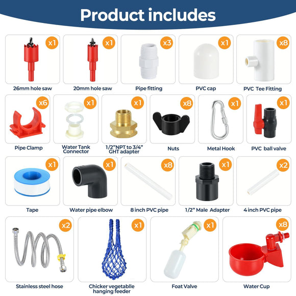 57 Pcs Automatic Chicken Waterer System Set, Chicken Watering Kit with 8 Water Cups & Float Valve, Poultry Water System for Chickens, Ducks & Quail – Bucket Not Included(red)