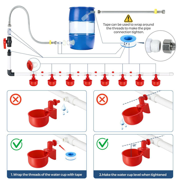 57 Pcs Automatic Chicken Waterer System Set, Chicken Watering Kit with 8 Water Cups & Float Valve, Poultry Water System for Chickens, Ducks & Quail – Bucket Not Included(red)