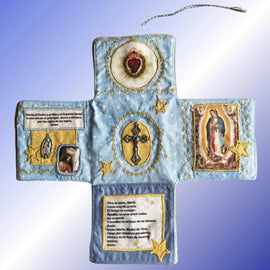Mini Handcrafted Catholic Pocket Shrine – Foldable Prayer Altar with Silver Cross, Religious Art & Embroidered Prayers, Portable Faith Companion, 6.5 x 5.5 Inches (Blue)