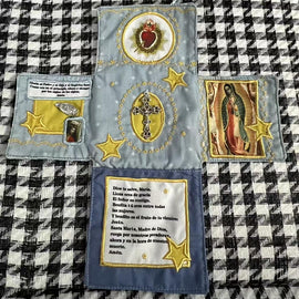 Mini Handcrafted Catholic Pocket Shrine – Foldable Prayer Altar with Silver Cross, Religious Art & Embroidered Prayers, Portable Faith Companion, 6.5 x 5.5 Inches (Blue) - 0