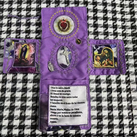 Mini Handcrafted Catholic Pocket Shrine – Foldable Prayer Altar with Silver Cross, Religious Art & Embroidered Prayers, Portable Faith Companion, 6.5 x 5.5 Inches (Purple) - 0