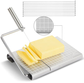 Stainless Steel Cheese Slicer with 10 Replacement Wires – Precision Grid Cutting Board, Ergonomic Handle, Easy to Clean – Ideal for Butter, Cake, Soft Cheese (Silver)