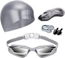 Gray Swim Goggles Set with Cap, Nose Clip, Earplugs & Case: Anti-Fog UV Protection for Men & Women-1