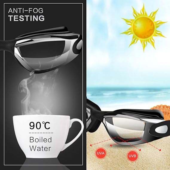 Gray Swim Goggles Set with Cap, Nose Clip, Earplugs & Case: Anti-Fog UV Protection for Men & Women