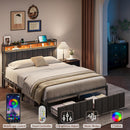 Queen Bed Frame with 2 Storage Drawers and LED Lights Headboard, Upholstered Bed Frame with Charging Station, No Box Spring Needed, Easy Assembly - Grey-3