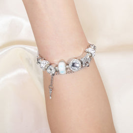 Rhinestone Cat's Eye Glass Bead Charm Bracelet - Heart Lock Pendant(18cm) - 0