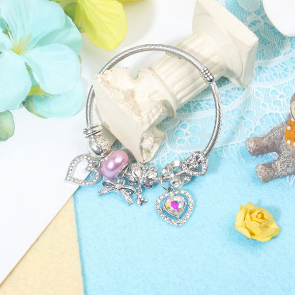Cute Heart-shaped Beaded Bracelet with Rhinestones(19cm)