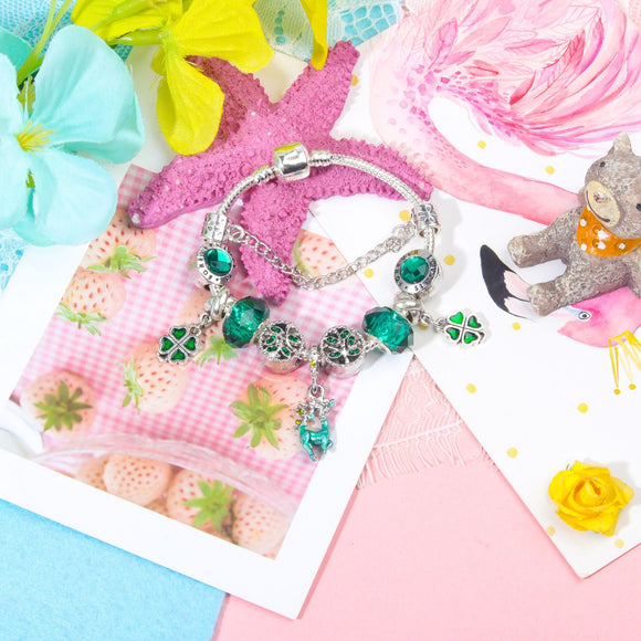 Colorful Cat Eye Glass Bead Clover Pendant Bracelet(19cm)