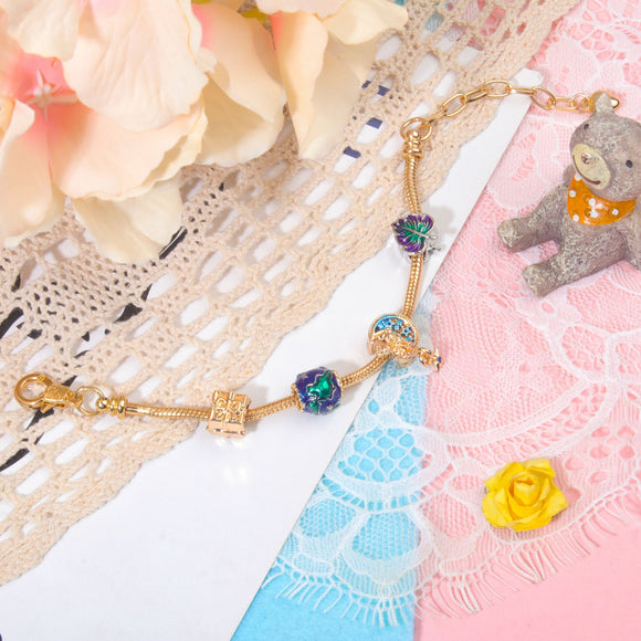 Colorful Leaf Moon Star Pendant Versatile Gold Bracelet(21cm)