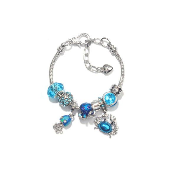 Cartoon Ocean Theme Bracelet with Octopus, Jellyfish, Crab Charms & Crystal Rhinestone Beads(17cm)