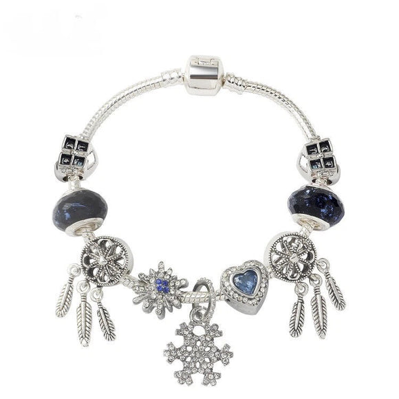 Pandora-Style Rhinestone Blue Cat’s Eye Heart Bracelet: Glass Beads, Dreamcatcher Feather Snowflake(20cm)